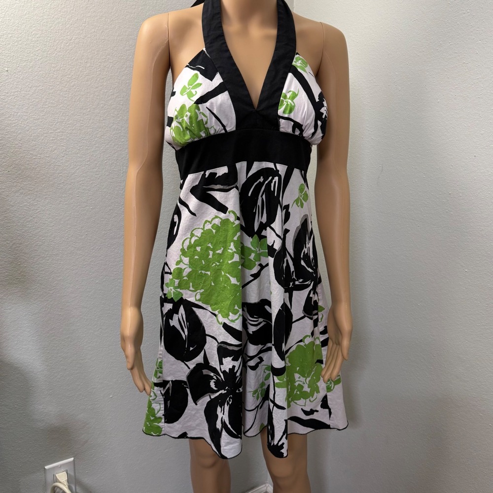 Spreckles Womens Floral Halter Dress Green Black White Empire Waist Size 13